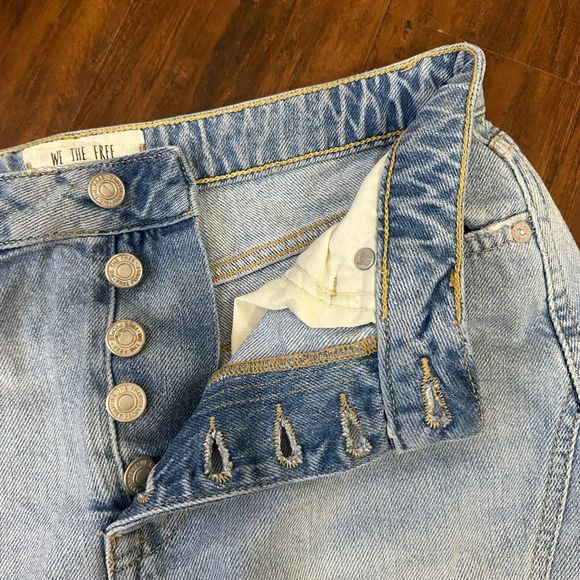 FREE PEOPLE WE THE FREE Distressed Denim Mini Skirt Button Fly Ripped - Picture 6 of 12